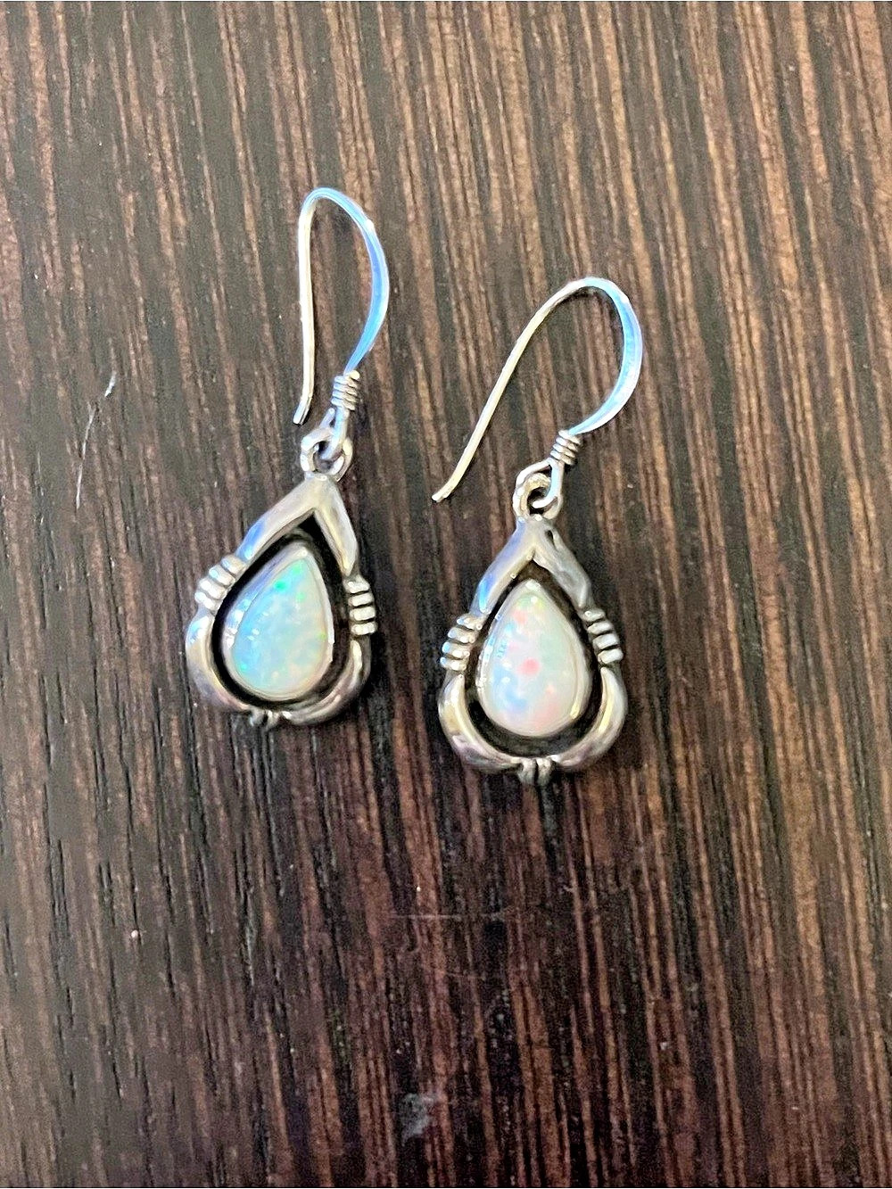 Vintage Sterling Silver White Opal Teardrop Dangle Earrings Signed Boho